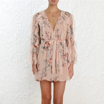 

Women's Playsuit 2019 Summer Sexy V Neck High Waist Long Sleeve Floral Ruffle Jumpsuit Women Casual Boho Short Pants Romper