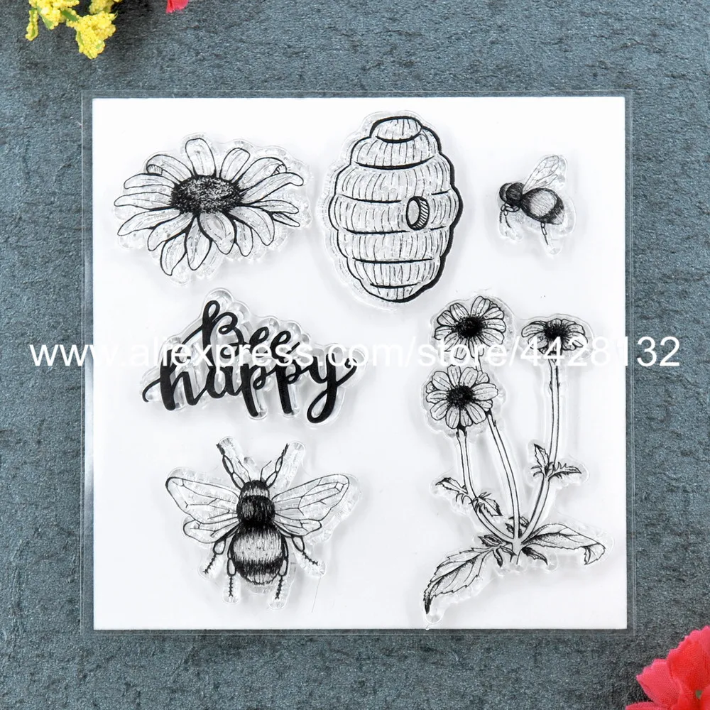 

Bee happy Flowers Scrapbook DIY photo cards rubber stamp clear stamp transparent stamp 10.5x10.5cm 9012013