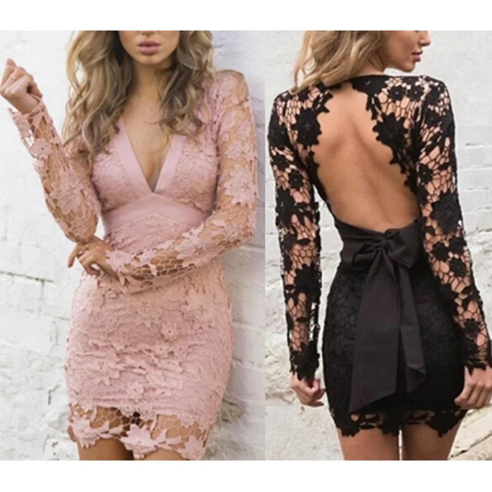 

Sexy Women Elegant Office Lady Style Lace Backless Dress Long Sleeve Deep V neck Party Evening Summer Mini Lace Dress