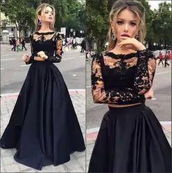 Пышное черное кружевное и атласное с длинными рукавами вечернее платье из двух предметов модные вечерние платья для девочек