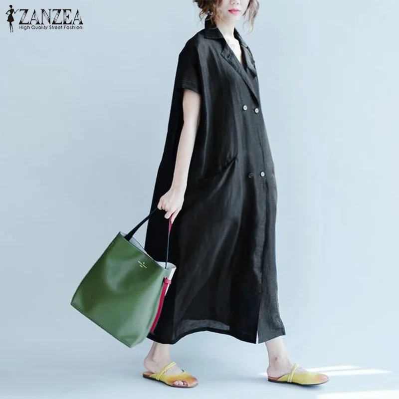 ZANZEA элегантное женское однотонное летнее платье с отложным воротником и коротким рукавом, повседневное свободное офисное платье из хлопка и льна
