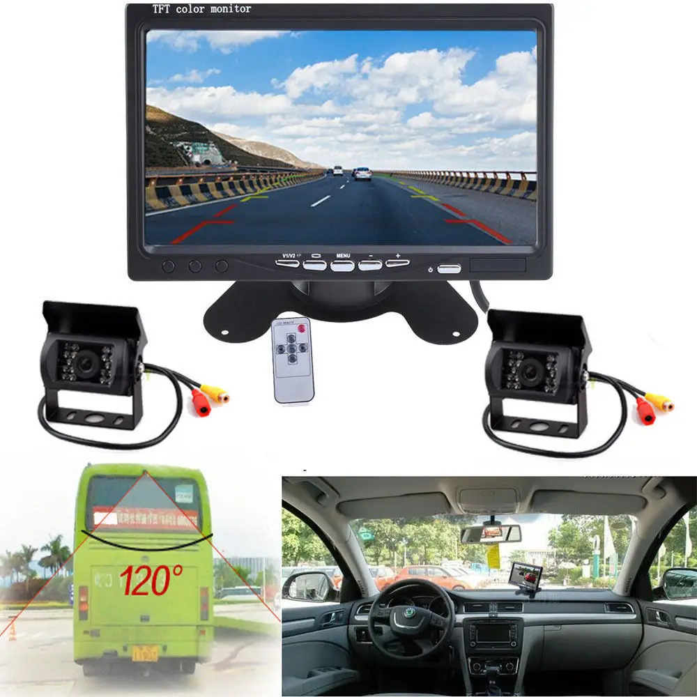 

7" TFT LCD Wired HD Truck Car Rear View Monitor 2 Rearview Cameras Parking Reverse Back up Camera DVD VCD TV Display