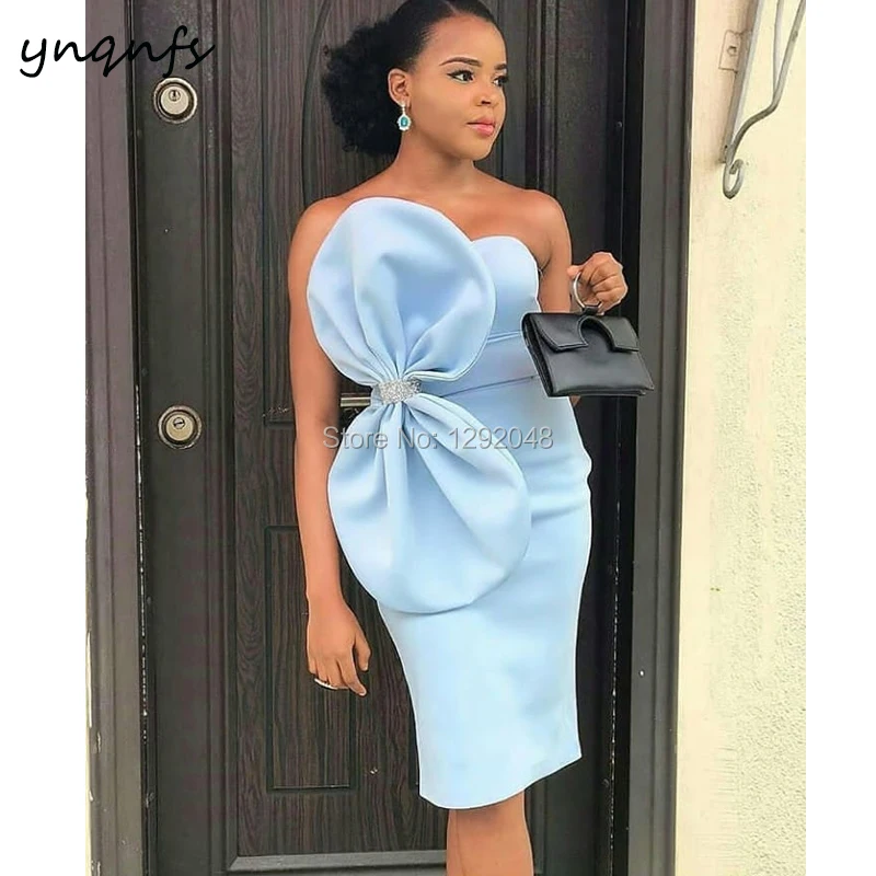 

YNQNFS E8 New Arrival Satin Dress Party Big Bow Knee Length Sky Blue Cocktail Dress 2019