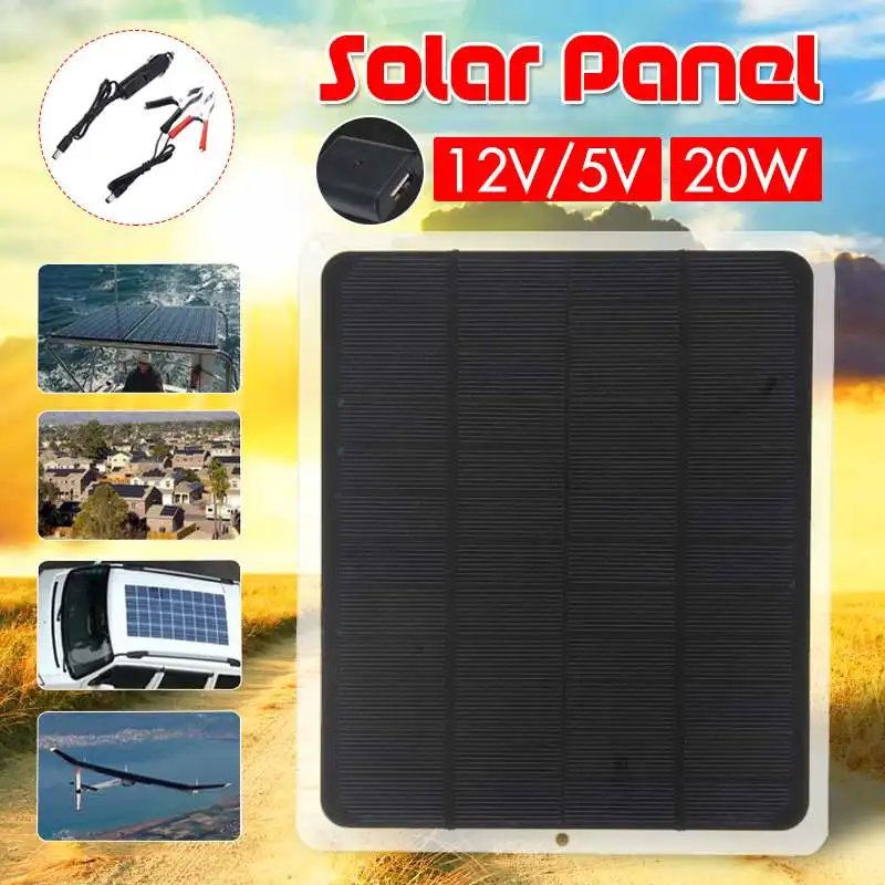 

LEORY 12V 20W Waterproof Solar Panel USB Monocrystalline Solar Panel with Car Charger for Outdoor Camping Emergency Light