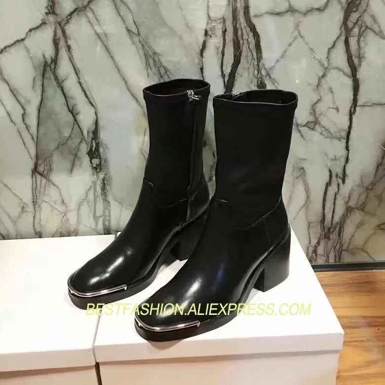 

Boots Woma Autumn Winter Shoes Woman Genuine Leather Ankle Boots Square Metal Toe Side Zip Woman Boots High Square Chunky Heels