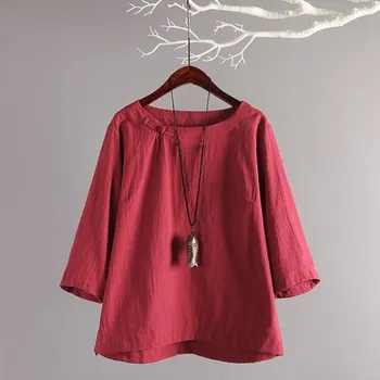 

Hot Sale Female O-Neck Three Quarter Sleeve Solid Blouse Short Women Simple Chinese Style Loose Thin Shirts