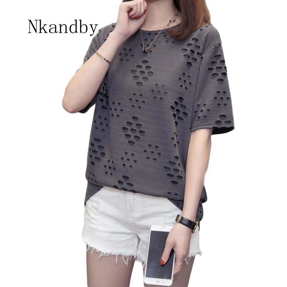 

Nkandby Plus Size Ladies Tops Summer Short Sleeve Hole Tee Shirt Femme Casual Solid 4xl Oversized T Shirt Women Poleras Mujer