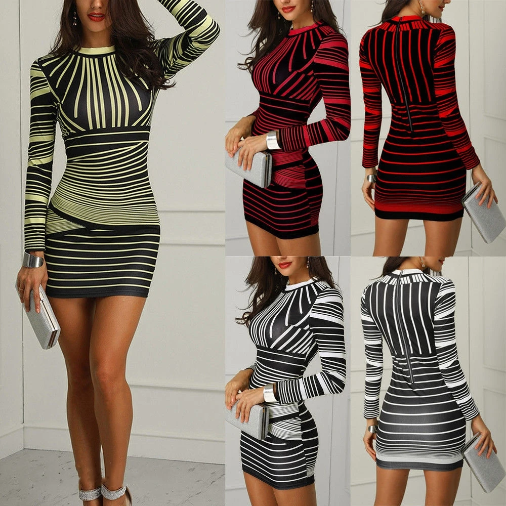 

Fashion Women Sexy Bodycon Long Sleeve Striped Print Dress Party Long Sleeve Evening Prom Club Short Mini Pencil Dresses