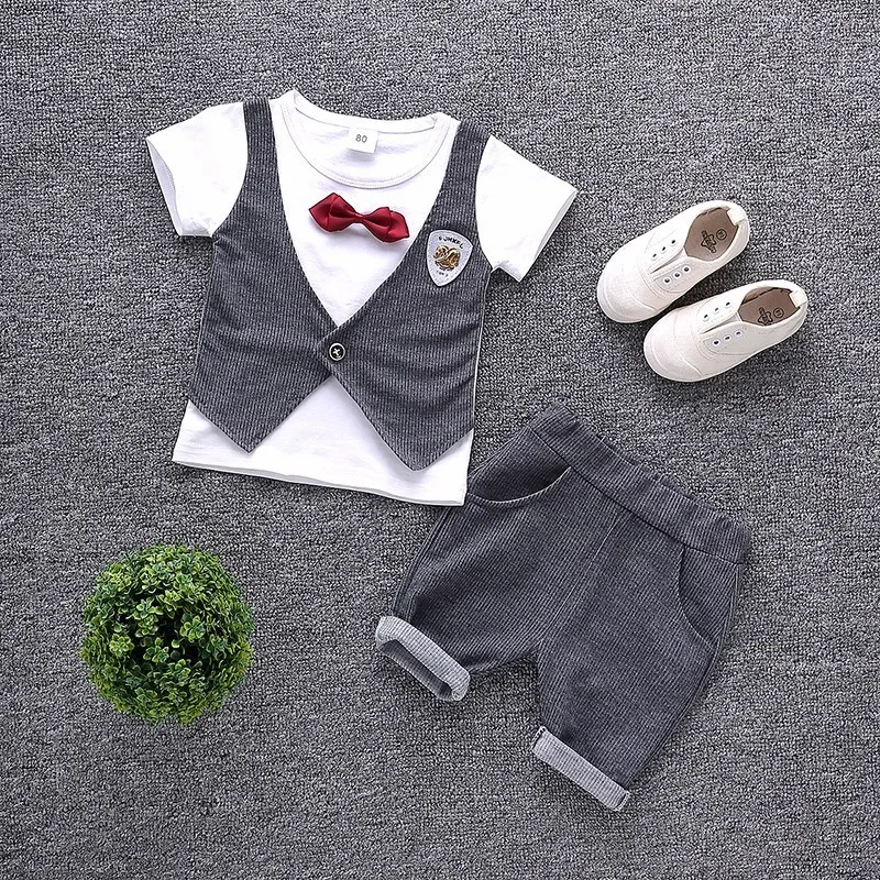 2019 New Summer Children Boys Cotton Clothes Kid Bowknot T-Shirt Shorts 2pcs/Set Toddler Fashion Infant Clothing Baby Tracksuits
