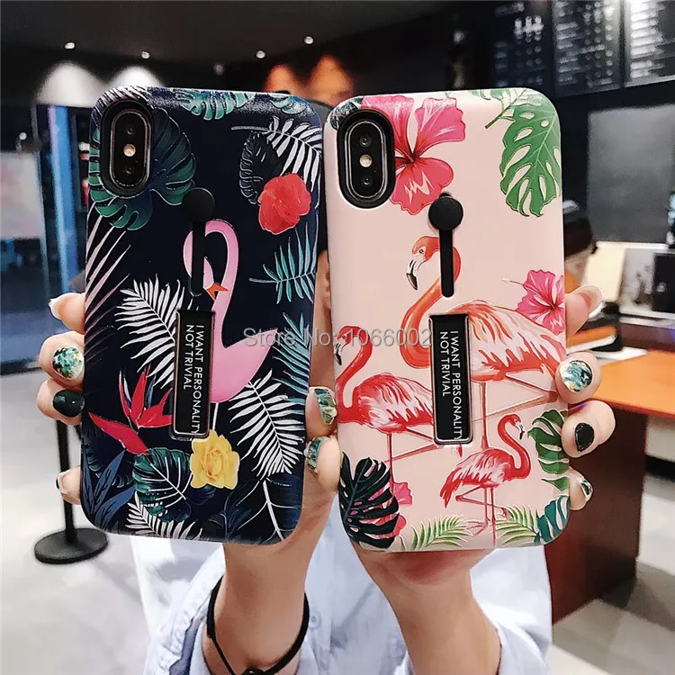 

Hot Jungle Flamingo Parrot Birds Flower Cases for iPhone XS Max XR XS X 7 8 Plus 6 6S Plus Finger Loop Strap Stand Coque Fundas