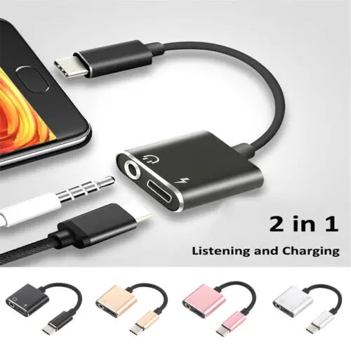 

2 in 1 Adapter Charge Headphone Type-C to 3.5mm Jack Head Aux Audio USB C Cable Charge Splitter Converter