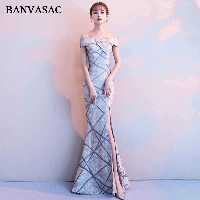 

BANVASAC Stripes Boat Neck Sexy Split Mermaid Long Evening Dresses Off The Shoulder Backless Party Prom Gowns