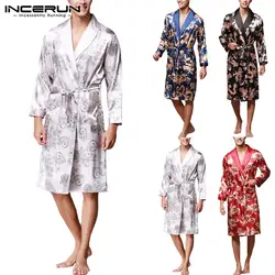 INCERUN 2019 для мужчин халат пижамы из искусственного шелка халаты Ночная рубашка с длинным рукавом Китайский Дракон печати удобные кимоно