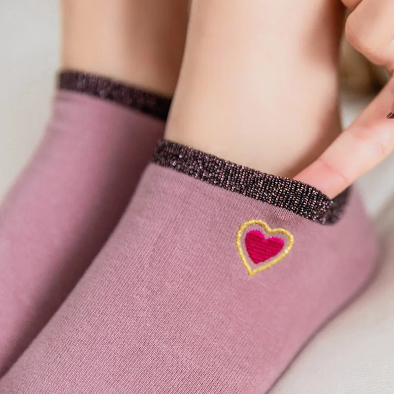 

Glitter Fashion Shiny Colorful Heart Women Ankle Socks Spring Summer Bling Bling Cotton Socks Lovely Embroidery Cute Short Socks