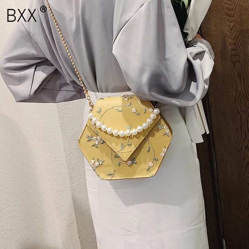 

[BXX] Women's Single Shoulder Crossbody Bag All-match Flap 2019 Fashion Design Chain Package Female Portable Pearl Handbag HE803