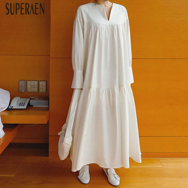 

SuperAen New 2019 Spring Dress Female Korean Style Cotton Wild Casual Dress Female Loose Pluz Size V-neck Women Clothing