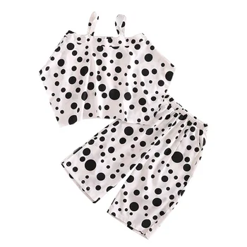 

summer chiffon white black dot 2pcs set t-shirt+loose pants sets 4-14 yrs big girls casual irregular outfits kids school clothes