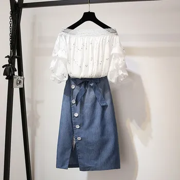 

Women Sequined Slash Neck Knot Shirt Blouse Striped A Line Midi Skirt Women Casual Two Piece Sets