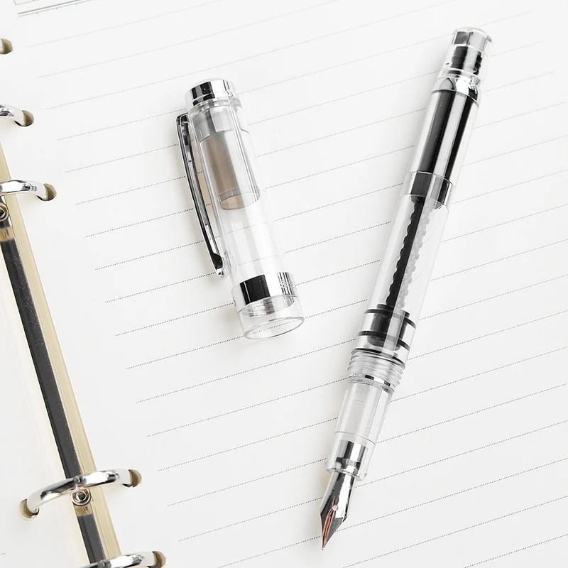 

Kicute 0.38/0.5mm Piston Type Transparent Silver Clip Fountain Pen Fine Softer Nib Business Office Supplies School Stationery