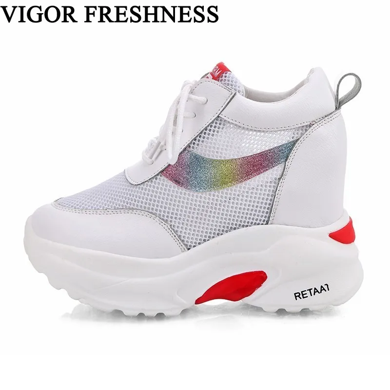 

VIGOR FRESHNESS Women Shoes Platform Sneakers High Hidden Heels Mesh Sneakers Autumn Wedges Shoes Female Summer Shoes WY523