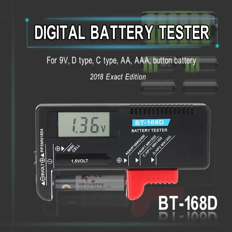 

BT168D Smart LCD Digital Battery Tester Electronic Battery Power Measure Checker for 9V 1.5V AA AAA Cell C D Battery Meter