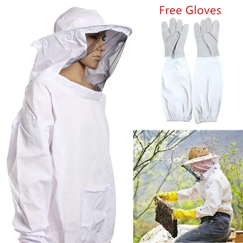 

Outdoor Safely Security Protector White Cotton Protective Bee Keeping Jacket Veil Suit +1 Pair Beekeeping Long Sleeve Gloves