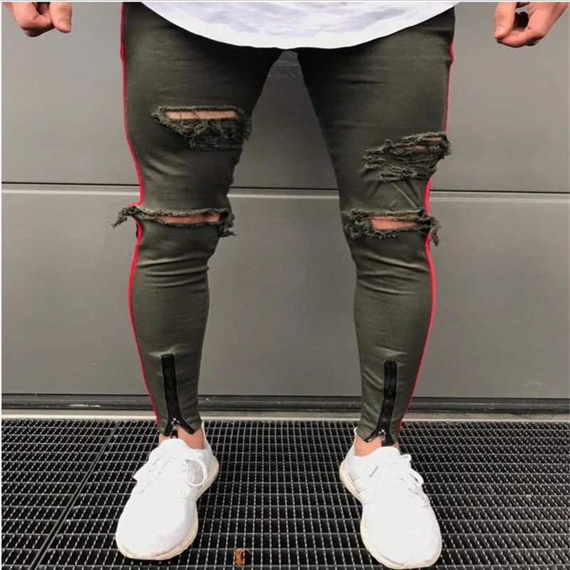 Casual Men Jeans Straight Slim Cotton High Quality Denim Jeans Men Ripped Keen Hole Zipper Jeans Pants Black Jeans