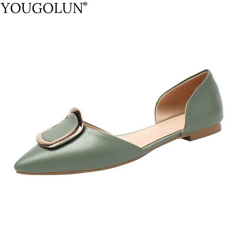 

Woman Flats Genuin Leather 2019 New Ladies Pointed Toe Flat Shoes Green Beige Black Summer Women D'orsay Buckle Cut Shoes A110