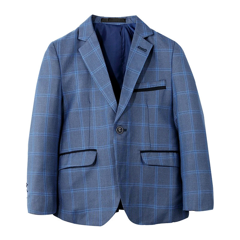 

High Quality Boy Button Plaid Formal Casual Simple Cotton Blend Notched Flat Slim Fit Jacket Blazer