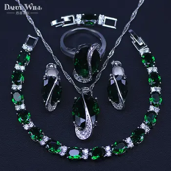 

New Fashion Dark Green Crystal Jewelry Set Silver Color Earring /Necklace/Ring/Bracelets Set For Women T27