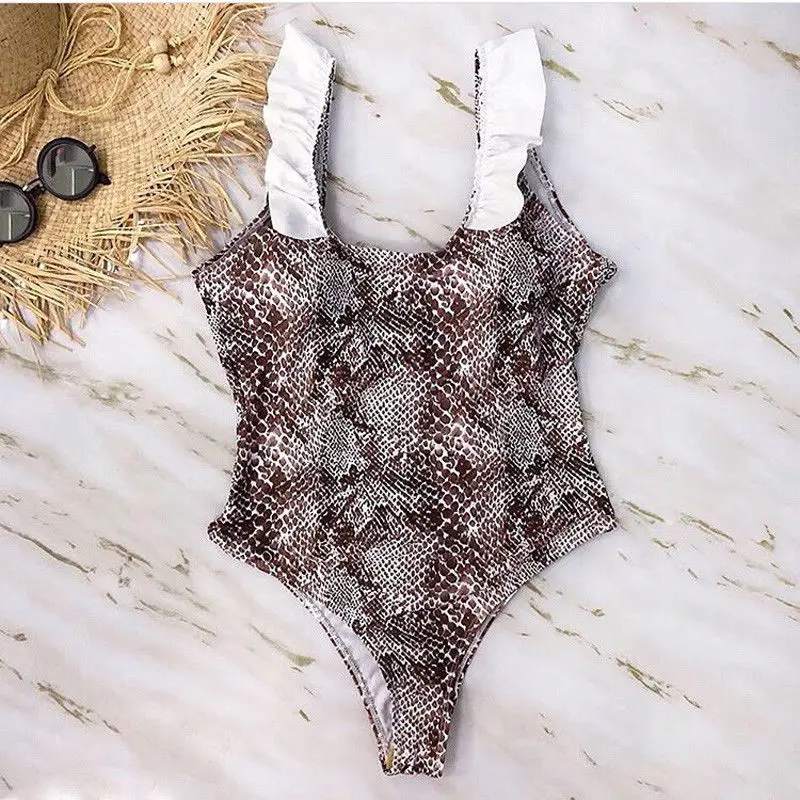 

Snake Print One Piece Swimsuit 2019 Sexy Women Ruffle Lace Up Monokini Swimwear Female Bandage Bathing Suit
