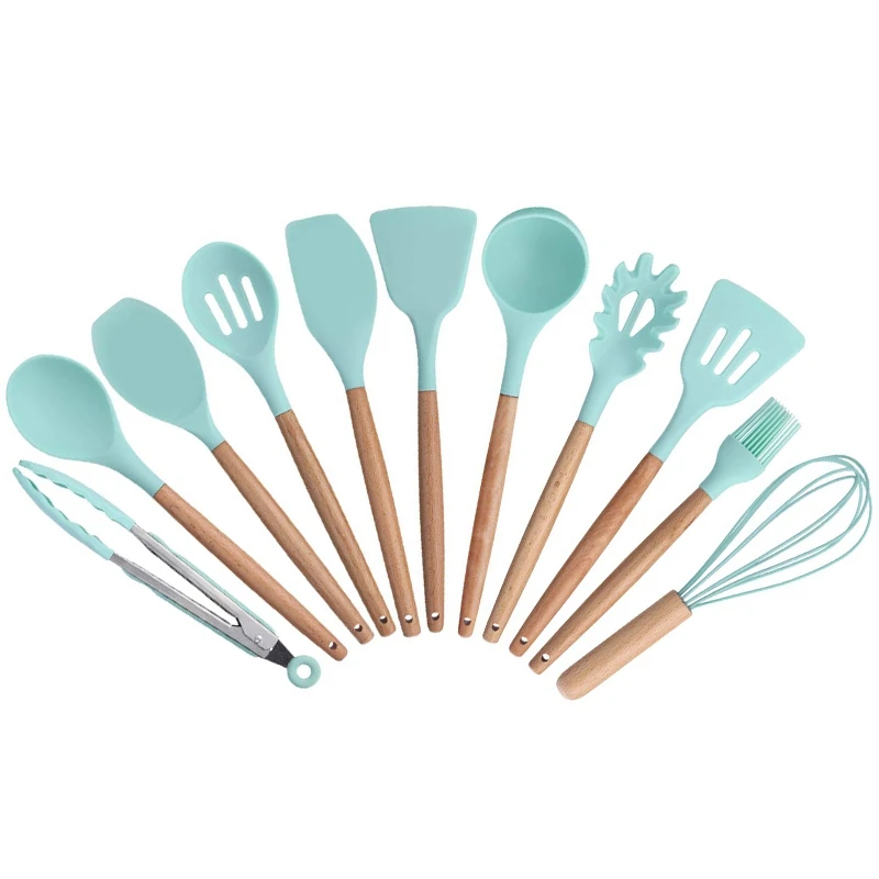

11 Pieces Silicone Cooking Utensils Set Kitchen Cooking Tools Set With Natural Wooden Handle Nonstick Cookware