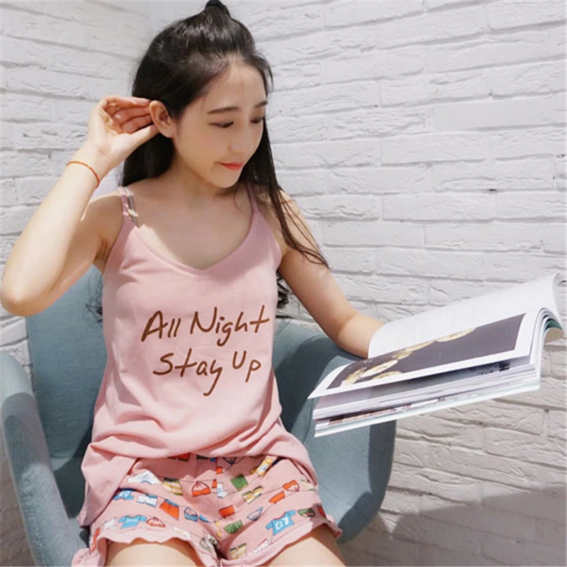 

2019 Pajama Sets For Women Summer Sleepwear Female Home Clothes Shorts Suits Printing Clothes Two Piece Cute Sling Top + Shorts