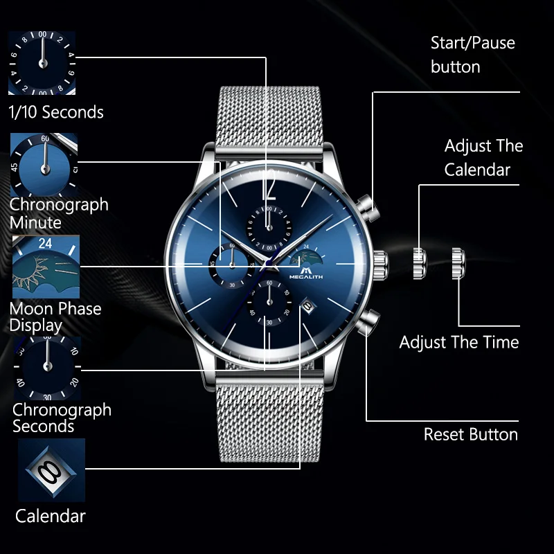 MEGALITH Men's Fashion Watches Blue Face Sport Waterproof Chronograph Wristwatch Classic Steel Mesh Clock Relogio Masculino MEGALITH Men's Fashion Watches Blue Face Sport Waterproof Chronograph Wristwatch Classic Steel Mesh Clock Relogio Masculino