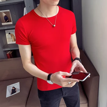 

2019 New Thin short-sleeved tide men's slim bottoming T-shirt pure white high-elastic Hot tops Blue Japan Style Free shipping