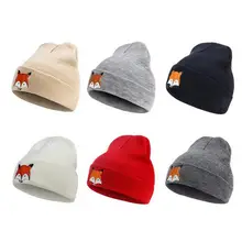 Теплая шерстяная шапка Милая вышитая лисой Мужская и женская модная Вязаная Шапка капюшон хип-хоп аксессуары Кепка для занятий спортом на открытом воздухе сплошной цвет