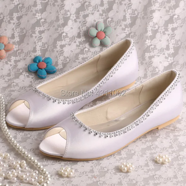 Женская элегантная обувь на заказ; цвет и размер; белые атласные туфли на плоской подошве с открытым носком; большие размеры