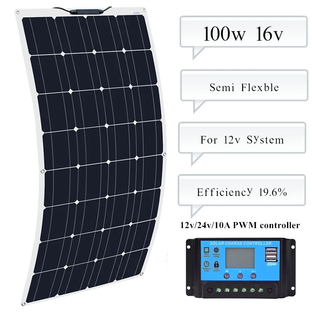 

100w Mono Solpanel Module solar panel semi-flexible10A Controller regulator for Caravan RV Boat Yacht Car Home Roof 12v Battery