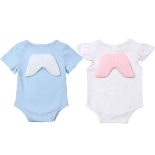 

Newborn Infant Toddler Baby Boys Girls Summer Short Sleeve Cotton Angel Wings Bodysuit Pure Color Casual Outfits New