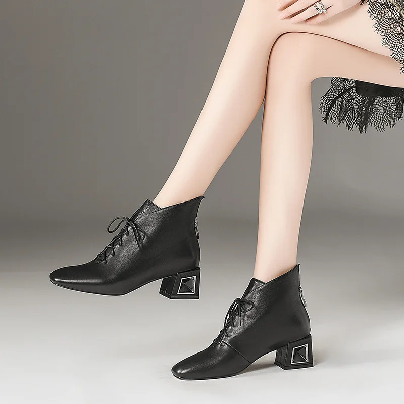 

Head Cowhide 2018 Autumn Short Square Woman Genuine Leather Shoes Women Winter Boots