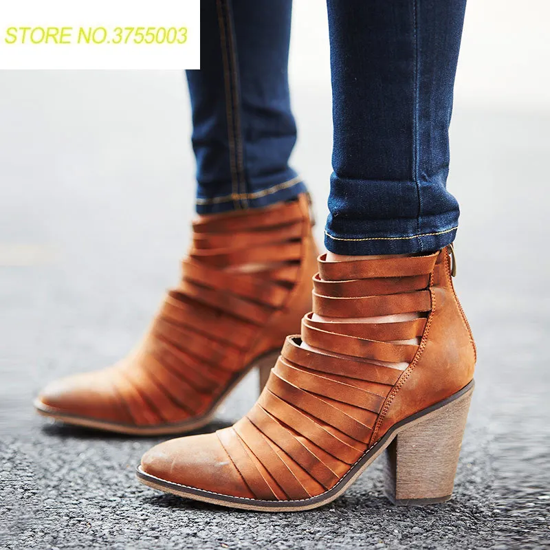 

Girl's Retro Leather Straps Fasten Women Punk Ankle Boots Chunky High Heels Ladies Spring Pointed toe Street Boots