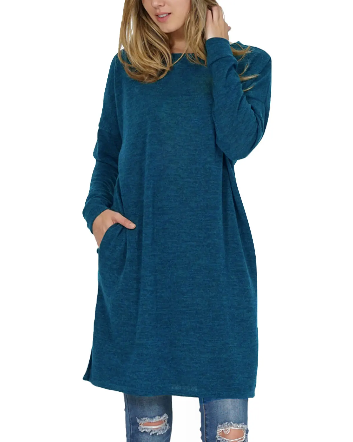 

2019 Autumn Winter Casual Loose Long T-Shirts Women Solid Pullover Round Neck Full Bating Sleeve Pockets Tops Tees Plus Size 2XL