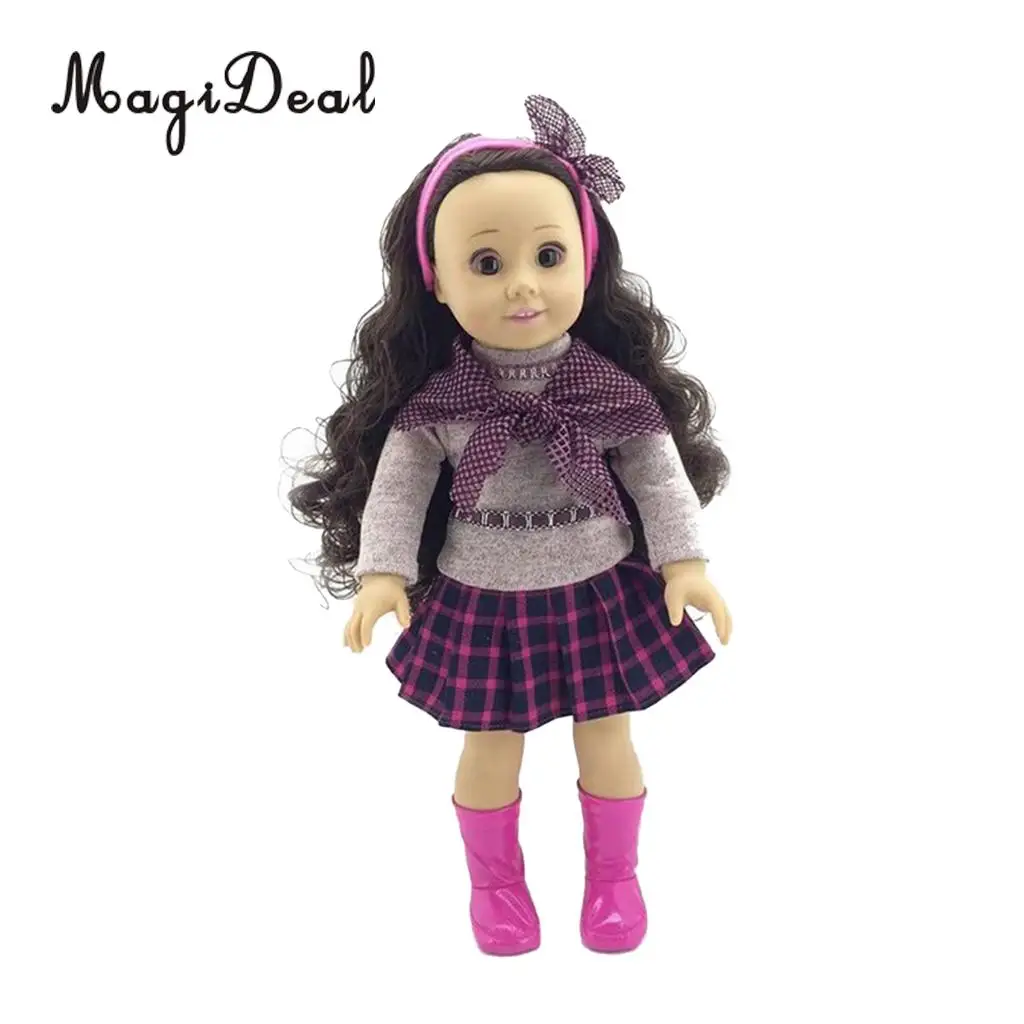 

42 cm/17 Inch Lovely Doll Handmade Soft Vinyl Girl Dolls in Plaid Short Dress Kids Toys Gifts