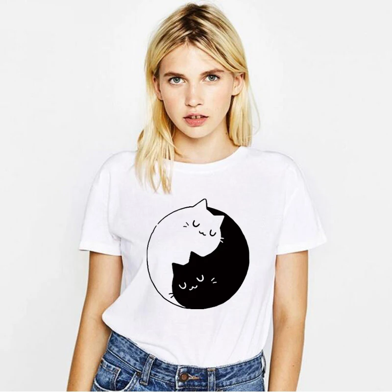 

2019 Summer Fashion Female T-shirt Cat Printing Harajuku O-Neck Cute Women Tshirt White Tops Shirt Yin and Yang Clothes Brand