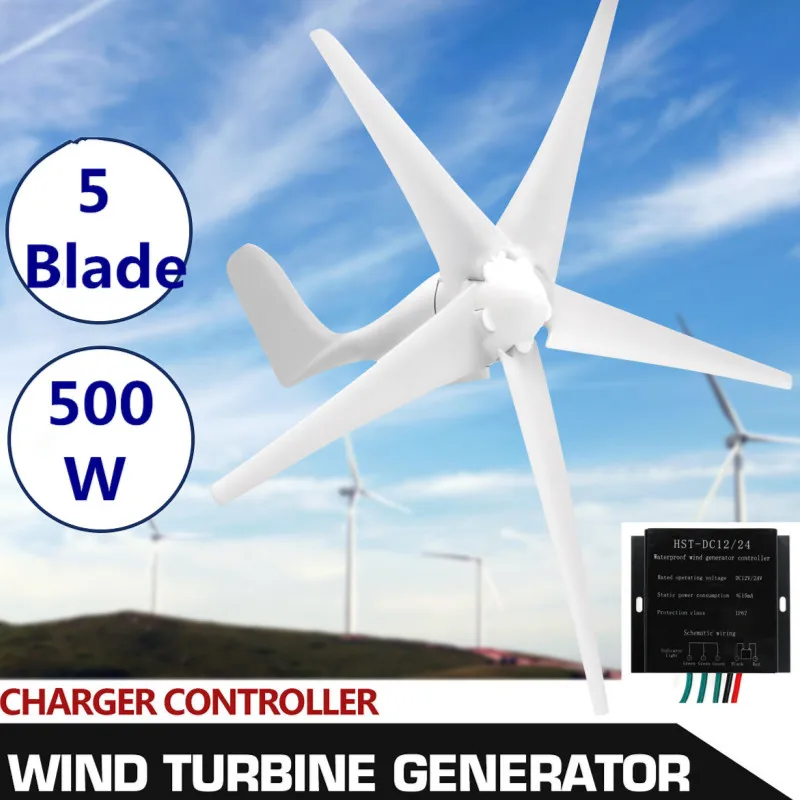 

500W 12V 24V 5 Blades Horizontal Wind Power Turbines Generator Wind Generator Kits with Waterproof Controller