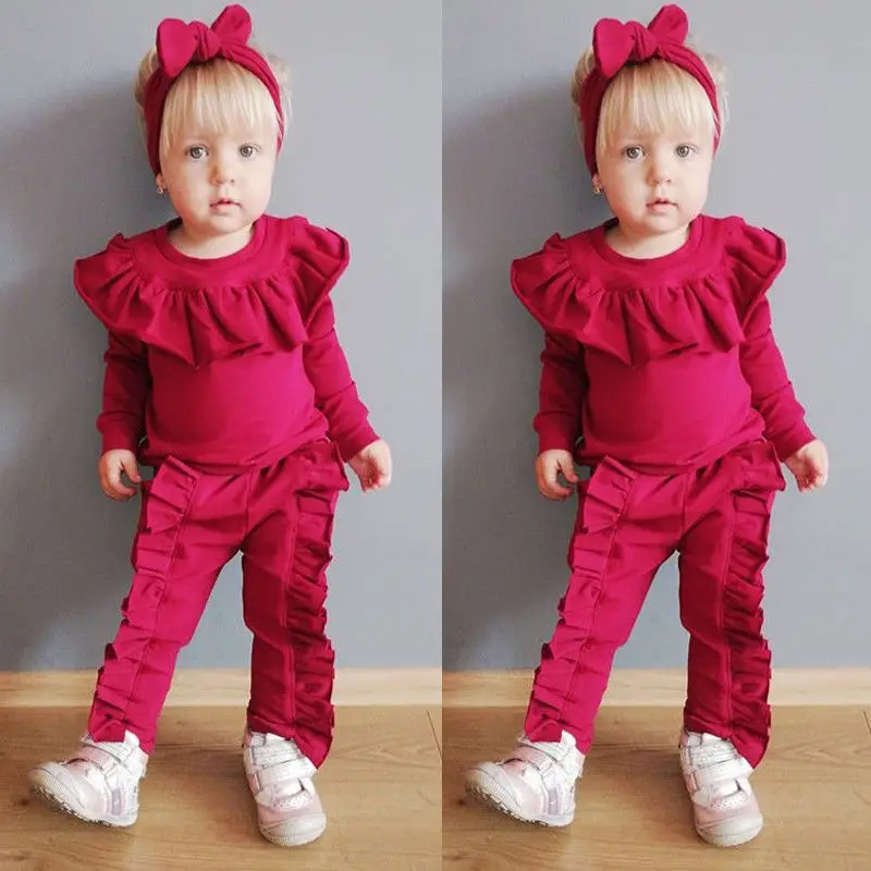 

2019 Newest Style 3PCS Set Baby Girls Autumn Clothes Casual T-shirt+Ruffle Pants+Headband Toddler Adorable Outfits 1-6T