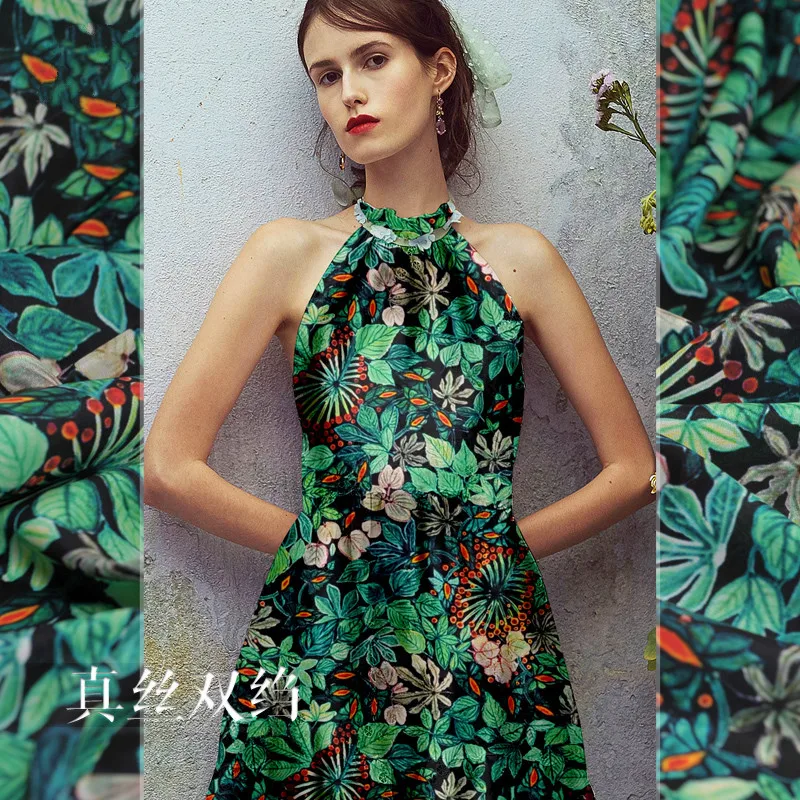 Новая зеленая шелковая крепдешин ткань 140 см шириной 16 мм Весенняя и Летняя шелковая ткань с принтом для платья