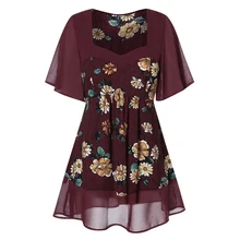 Rosegal, блузка размера плюс, милая, с вырезом, с цветочным принтом, короткий рукав, повседневная женская летняя рубашка, винтажная одежда, большой размер 5XL