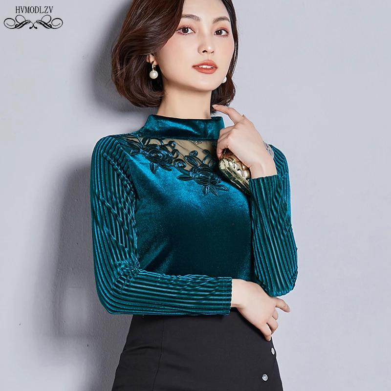 

Women Semi-high Collar Gold Velvet Lace Bottoming Shirt 2019 Spring New Stitching Slim Fit Fashion Vintage Jacket Female Hj210