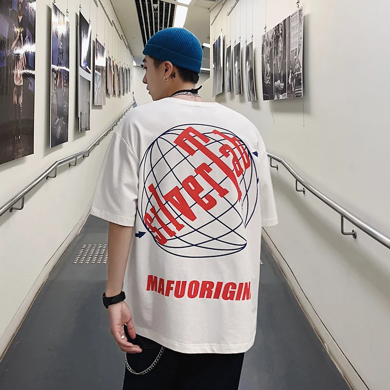 

Men's T-shirt 19 Summer New Round Neck Wide Headband Loose Shirt Personality Print Five-point Sleeve Youth Casual Men's Clothing